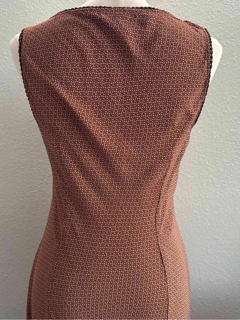 Vintage Tessuto Brown Geometric Print Bias Cut Midi Slip Dress Made in USA Sz L